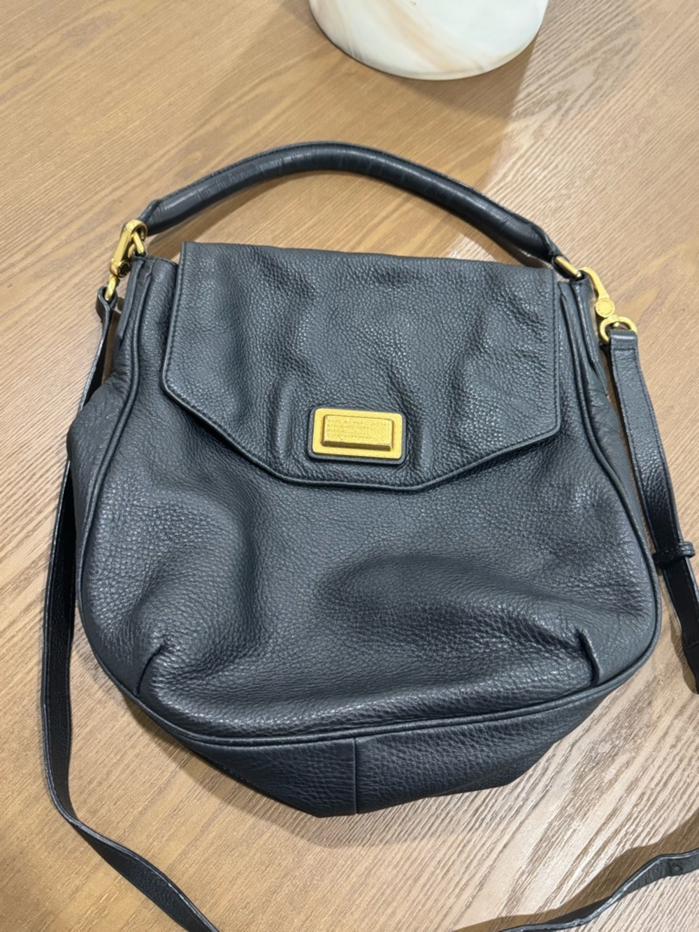 Marc Jacobs Black Pebbled Leather Hobo with Gold Plaque